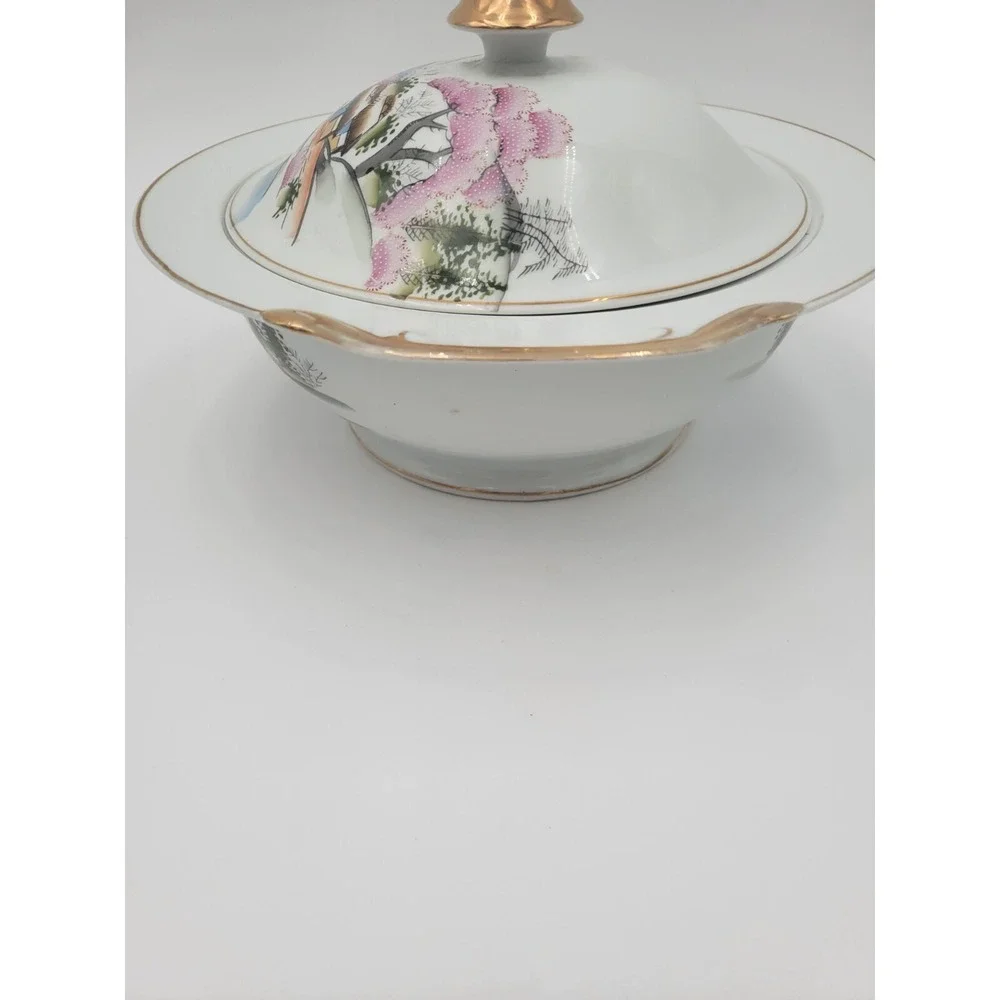 Kutani China Tureen Japan Bridge Textured pink trees KUT21‎ bowl lid AS-IS